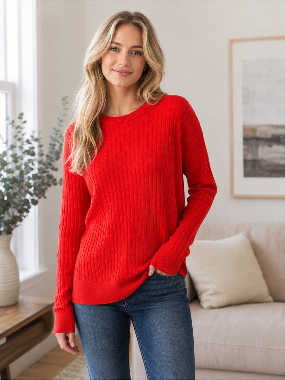 Pact Bright Red Organic Cotton Cable-Knit Crewneck Long Sleeve Sweater Classic